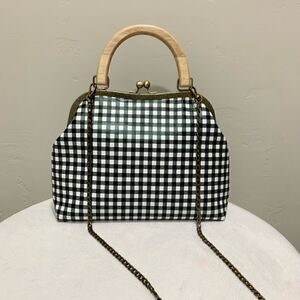 Handmade Genuine Leather Black & White Check Printed Wood Handle Satchel Bag